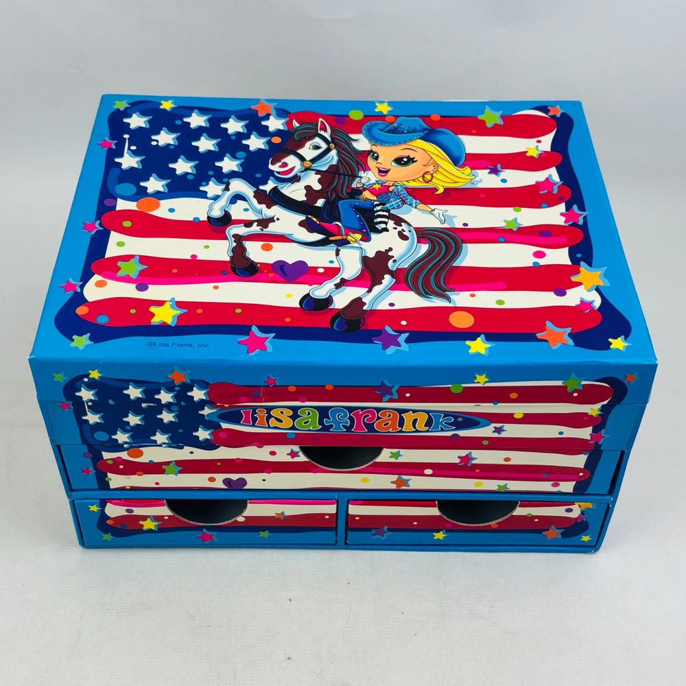 Lisa Frank USA Cowgirl Stationery Jewelry Box Patriotic Flag 3 Drawer Storage